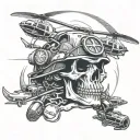 firefighter skull, helicopter hovering, triathlon symbol incorporated tattoo design idea