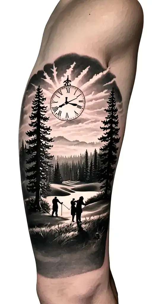 pine forest scene and family on golf course and ansel adams and sun clock tattoo design idea