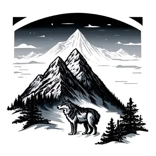 mountain, threes and wolf tattoo design idea