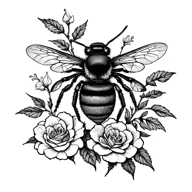 manchester bee and honeysuckle flower with roses  tattoo design idea