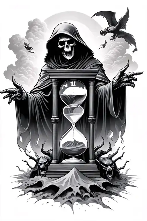 grim reaper with time and hourglass out of sand with demons and clouds of apocalypse  tattoo design idea