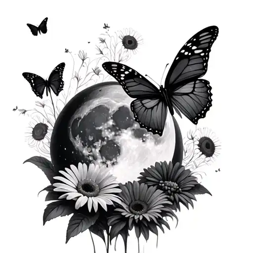full moon with butterflies one with the wings fully open and belladonna nightshafe flowers and dark gerbera daisies  tattoo design idea