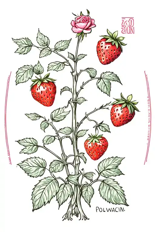 postage stamp with strawberries growing and roses growing tattoo design idea