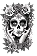 day of the dead sugar girl face with roses and fingers on lips tattoo design idea