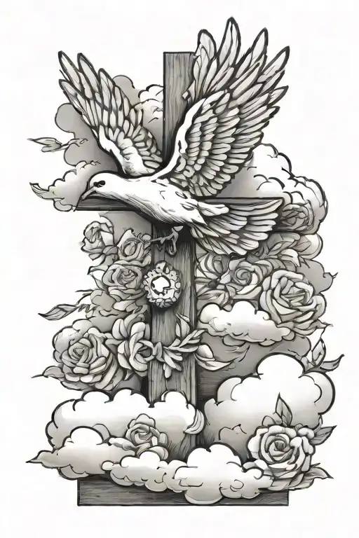 Arm Sleeve Tattoo realistic with doves flying, clouds, and a wooden cross tattoo design idea