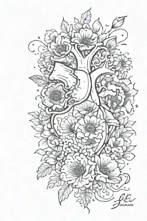 abstract design human heart, poppies, anemones, mushrooms, love and the letters J and C tattoo design idea