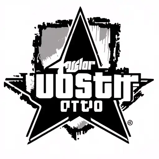 Black and white minimalist tattoo design in GTA artwork style, featuring the Rockstar Games emblem (without the star) wi tattoo design idea