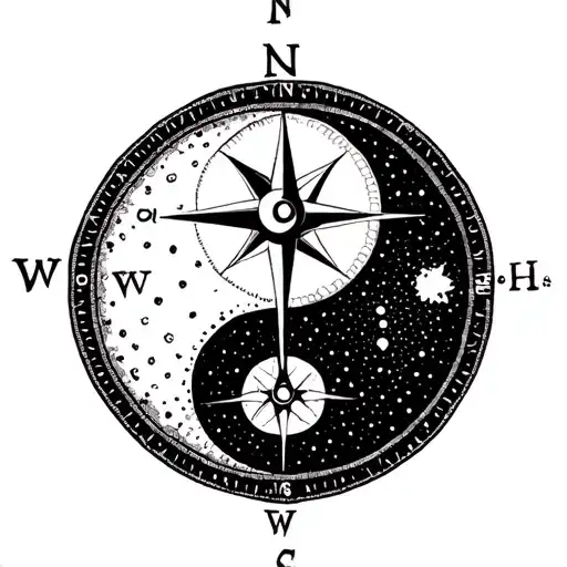 compass mixed with a yin yang and day and night symbolics tattoo design idea