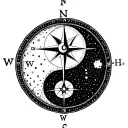 compass mixed with a yin yang and day and night symbolics tattoo design idea