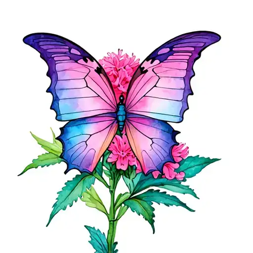 A pink, purple, and teal butterfly on a Celosia cristata flower tattoo design idea