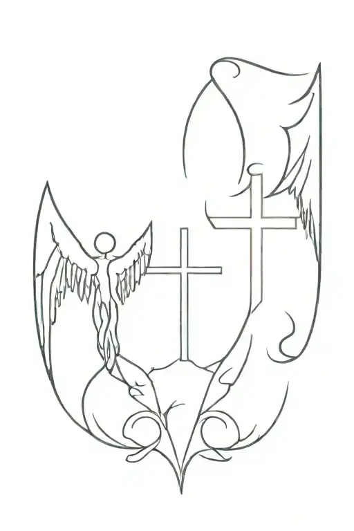 cross and devil angel wings holding tattoo design idea