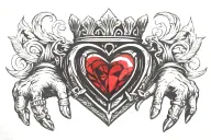 Claddagh ring with the hands holding a red gemstone heart wearing a cool crown tattoo design idea