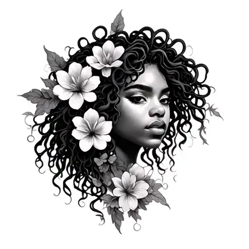 african Medusa locs and flowers intertwined tattoo design idea