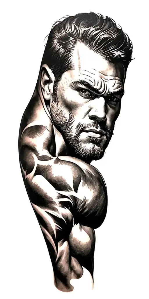 gay tattoo of a muscle man in his 50's with a surprise twist tattoo design idea