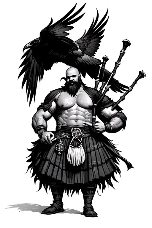 muscular bagpiper bald black beard black huge wings on his back playing the bagpipes flying crow with claws tattoo design idea