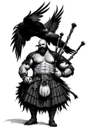 muscular bagpiper bald black beard black huge wings on his back playing the bagpipes flying crow with claws tattoo design idea
