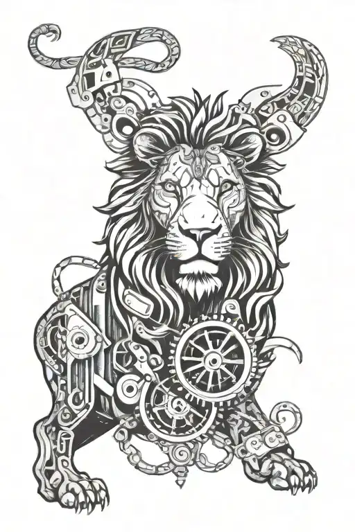 lion with car parts forming tattoo design idea
