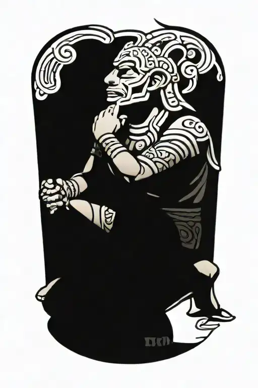 mayan god itzamna kneeling praying tattoo design idea