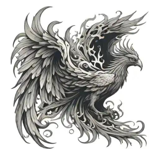 A powerful phoenix rising from the ashes, symbolizing strength and resilience, with a background of swirling flames tattoo design idea