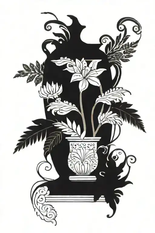 BLACK AND WHITE TALL ORNAMENTED GREEK VASE WITH a FEW FERNS AND LILYS tattoo design idea