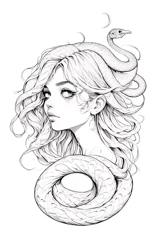 madussa with snakes like going out of hair like waves kinda with a line design edgy look with her look straight ahead  tattoo design idea
