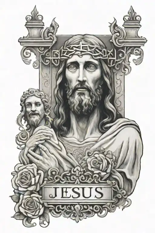 face of Jesus Christ with gates and man entering with the date he was born and passed away tattoo design idea