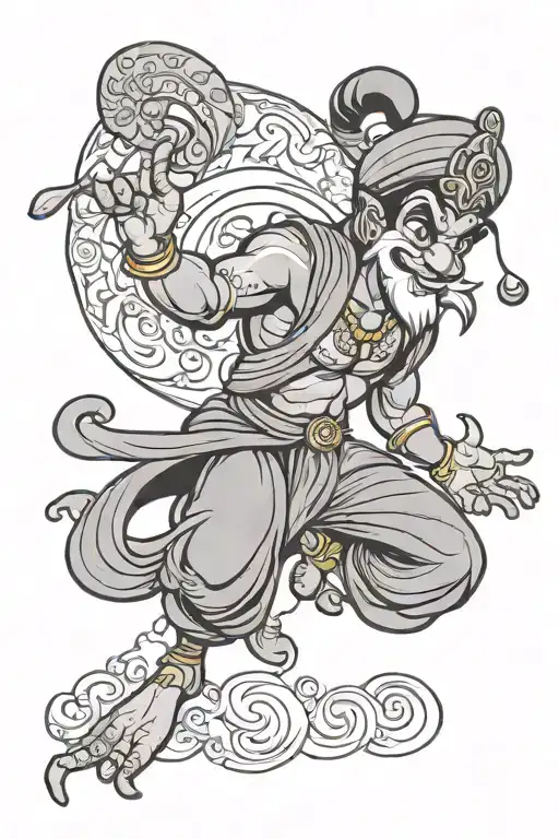 Aladdin's genie .genie is the the tatto, in shades of black and gray tattoo tattoo design idea