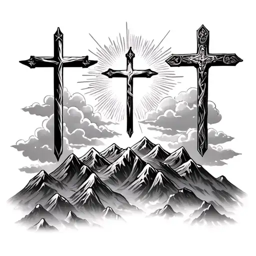 the Holy Trinity of the Christian crosses with clouds above them and light rays and mountains below them tattoo design idea