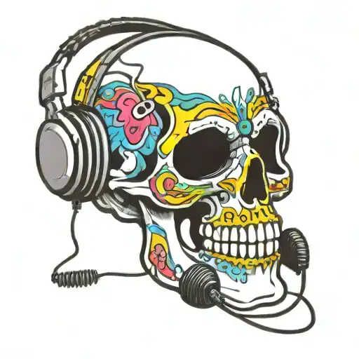 Neo trad new school skull with mouth open head phones on funky hip hop gamer skill, very colourful and graffiti writing  tattoo design idea