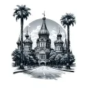 Palm trees Buildings Roads Casino or Russia country outline tattoo design idea