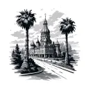 Palm trees Buildings Roads Casino or Russia country outline tattoo design idea