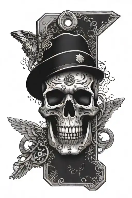 A dog tag design with intricate patterns and textures representing the wearer's military service, paired with a skull symbolizing the concept of life and death, in dotwork style tattoo design idea