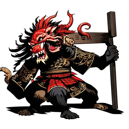samurai guillotine choking a demon tattoo design idea