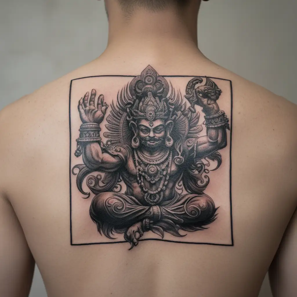 A black-grey tattoo of Kaal Bhairav with intricate details tattoo design idea
