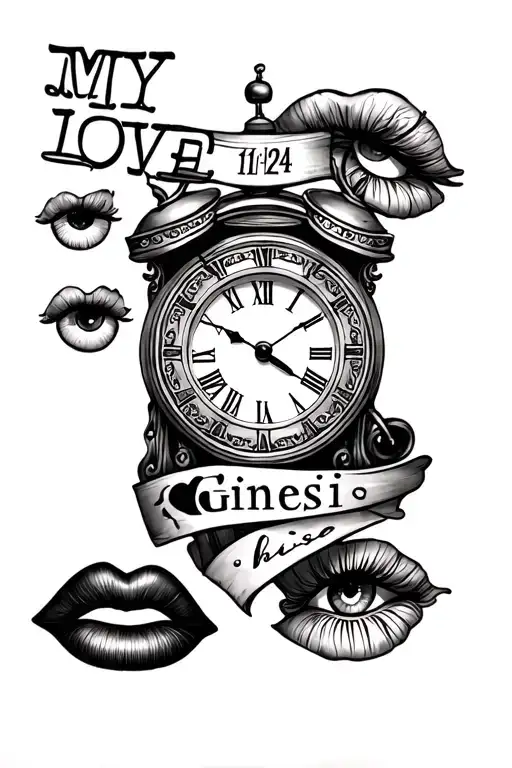 tattoo sleeve of a clock with roman numerals at 11:24, the word my love, genesis, a kiss sign and eyes tattoo design idea
