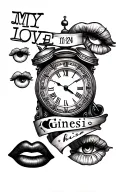 tattoo sleeve of a clock with roman numerals at 11:24, the word my love, genesis, a kiss sign and eyes tattoo design idea