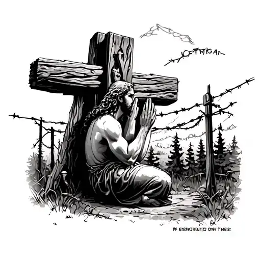 We can make a sketch for a tattoo of a tattoo praying at the cross on his knees, behind the forest, and far a prison with barbed wire, tattoo design idea