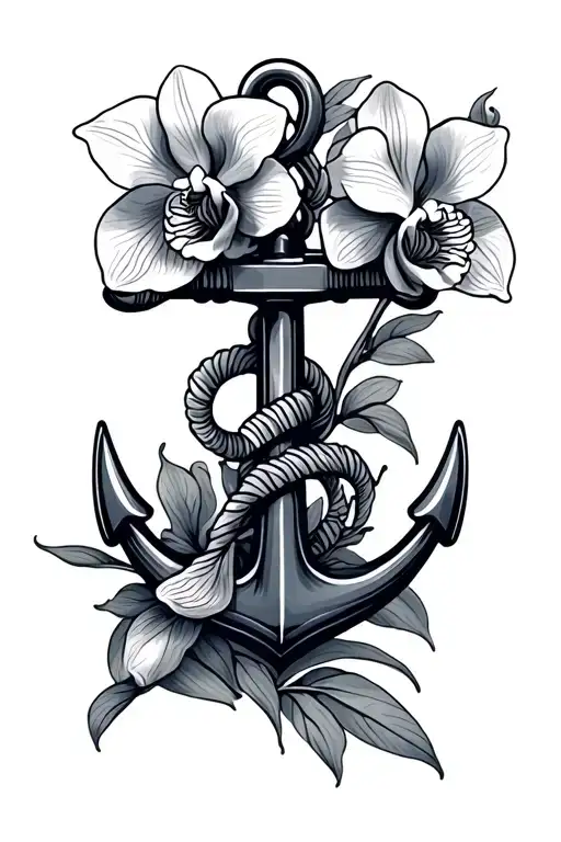 navy anchor with orchids tattoo design idea