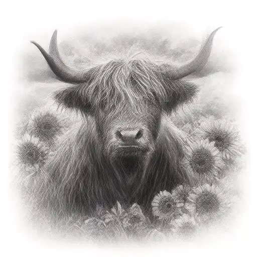 highland cow and sunflowers tattoo design idea