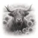 highland cow and sunflowers tattoo design idea