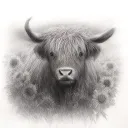 highland cow and sunflowers tattoo design idea