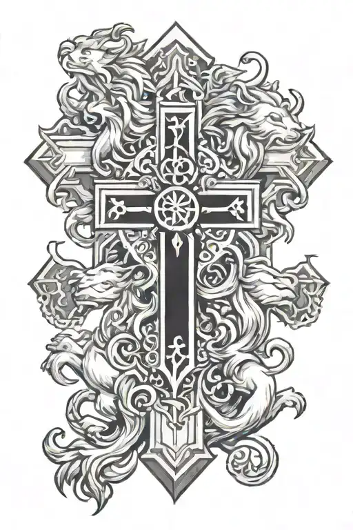 Christian Cross with Lion tattoo design idea