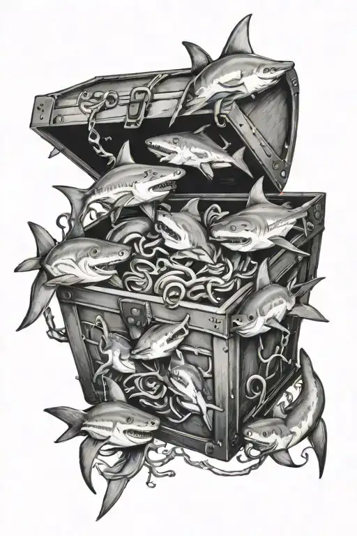 treasure chest and sharks tattoo design idea