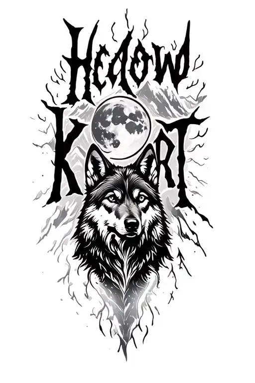 wolf, moon, mountaint, snow tattoo design idea