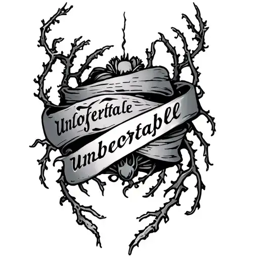 tramp stamp tattoo with the word unforgettable wrapped in vines and at the end of these vines spide Lillie's  tattoo design idea