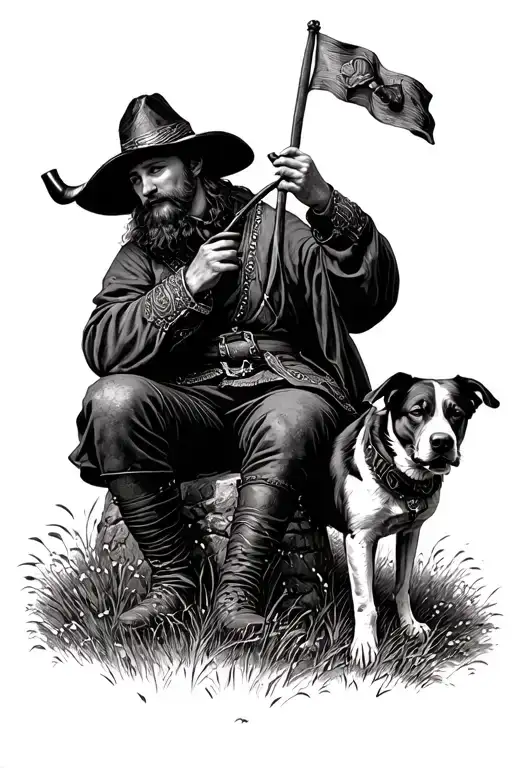 A Ukrainian Cossack sitting on a stone in a field playing his pipe, with his faithful dog Patron next to him. tattoo design idea