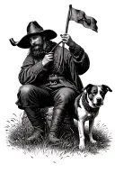 A Ukrainian Cossack sitting on a stone in a field playing his pipe, with his faithful dog Patron next to him. tattoo design idea