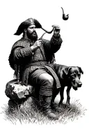 A Ukrainian Cossack sitting on a stone in a field playing his pipe, with his faithful dog Patron next to him. tattoo design idea