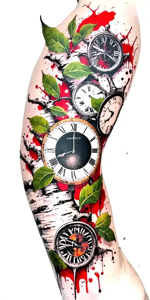 birch branches with hunter green leaves with only three clocks integrated into it for an arm sleeve tattoo design idea