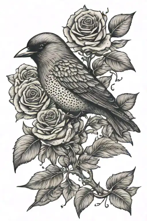 bird, roses, cross dot work tattoo tattoo design idea